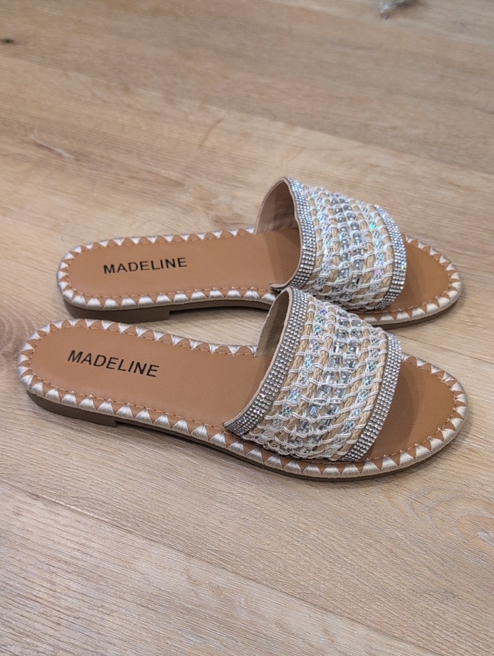 Madeline White Woven Slide Sandals with Rhinestone Accent
